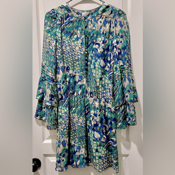 Parker Bohemian Metallic Floral & Sea Motif  Tiered Bell Sleeves Silk Mini Dress - Picture 2 of 8